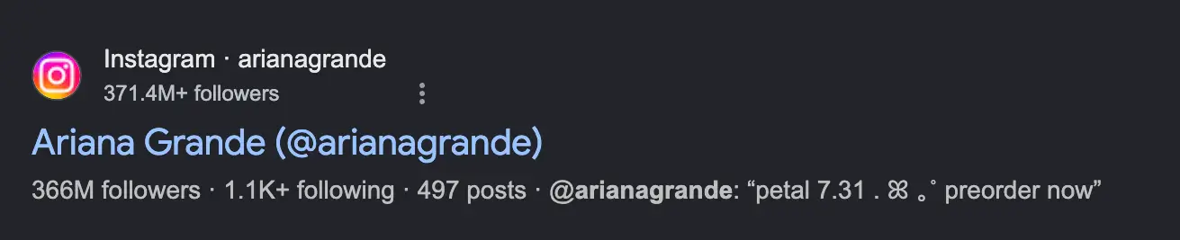 Google cached follower count for Ariana Grande showing 371.4M vs current 365.8M