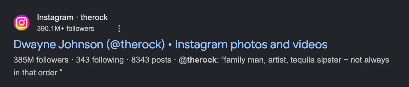 Google cached follower count for The Rock showing 390.1M vs current 385.2M