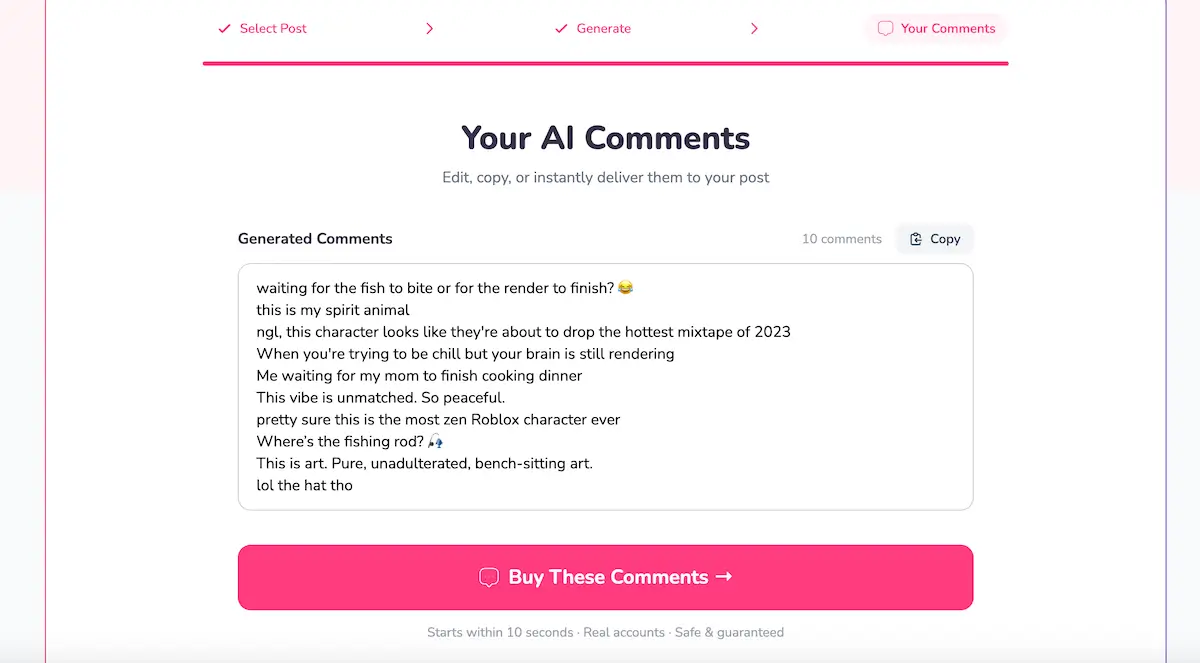 Follovery AI comment generator results — post-specific comments ready to copy or edit