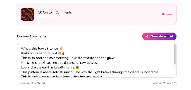 Follovery comment type selector showing Real, Custom, and AI-Generated comment options