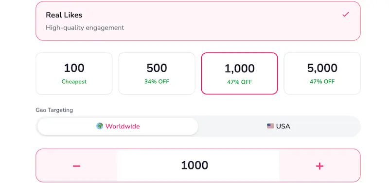 Geo-targeting toggle on Follovery showing USA and Worldwide pricing tiers side by side